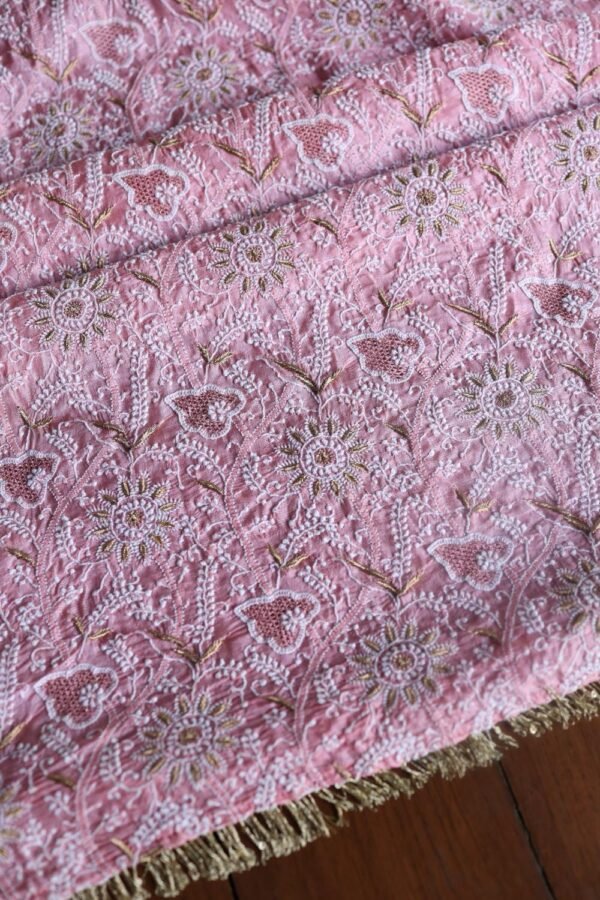 Pink Paper Tussar Resham Chikankari Unstitched Kurta Dupatta Set - Image 6