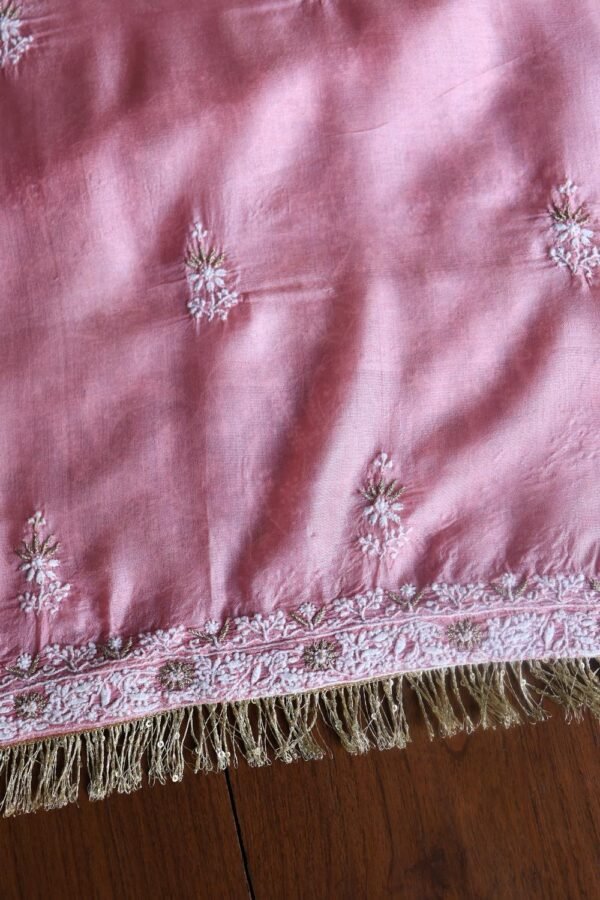 Pink Paper Tussar Resham Chikankari Unstitched Kurta Dupatta Set - Image 9