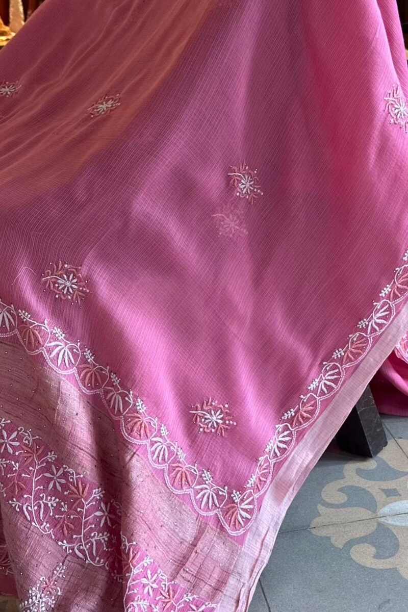 Pink Silk Gheecha Palla Kota Chikankari Saree With Mukaish Kamdani
