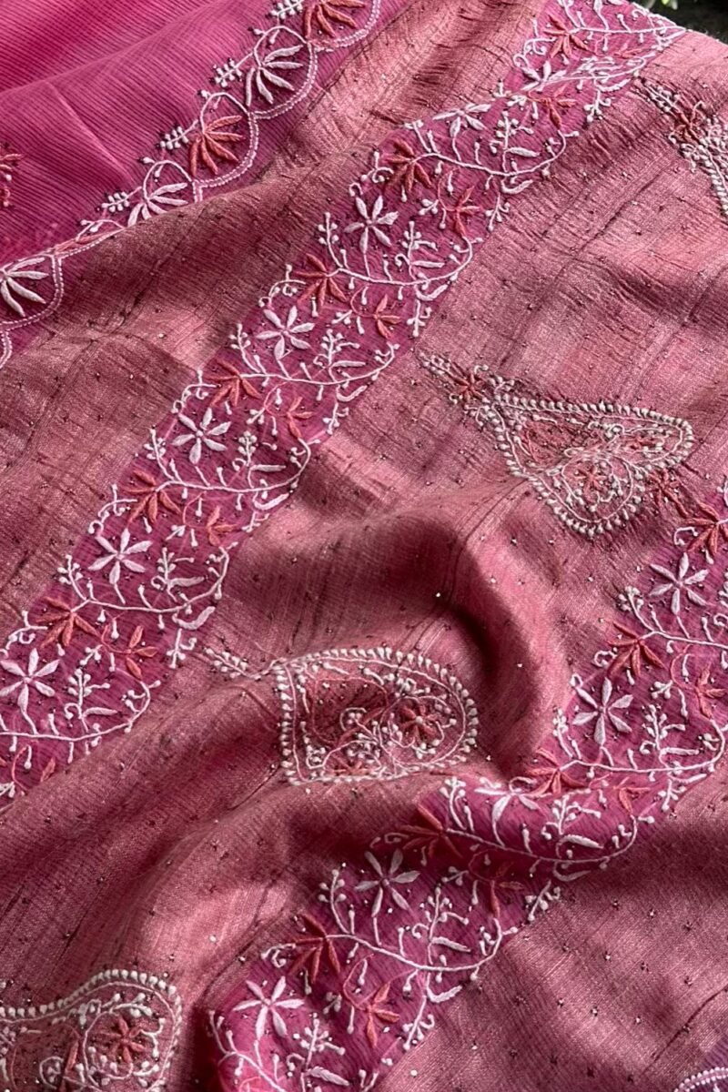 Pink Silk Gheecha Palla Kota Chikankari Saree With Mukaish Kamdani