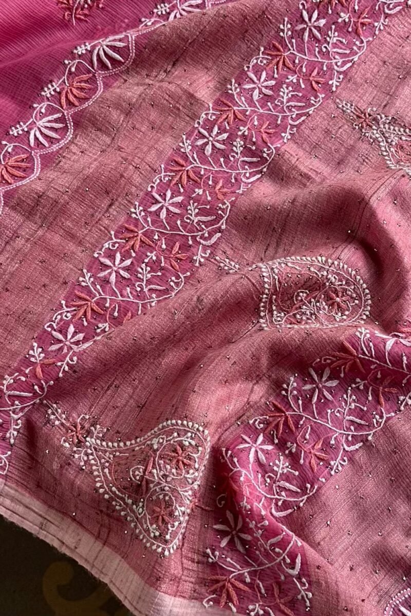 Pink Silk Gheecha Palla Kota Chikankari Saree With Mukaish Kamdani