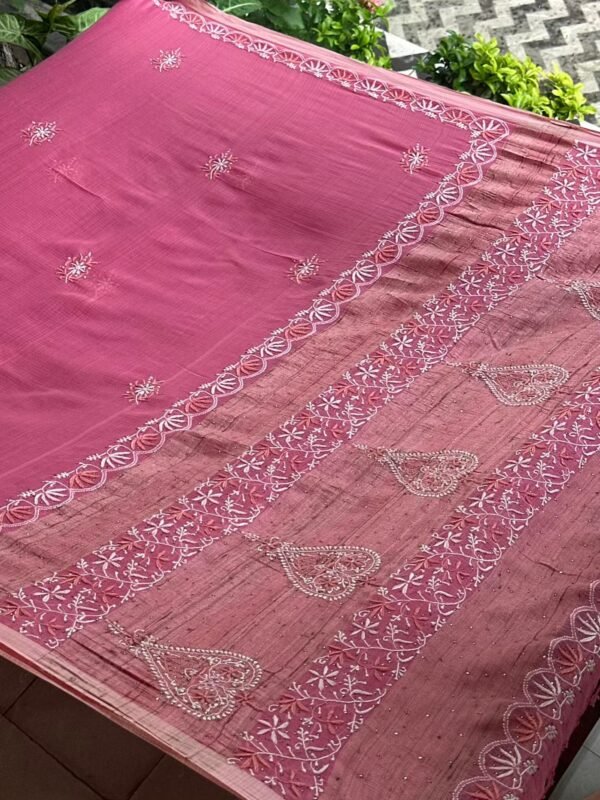Pink Silk Gheecha Palla Kota Chikankari Saree With Mukaish Kamdani - Image 5