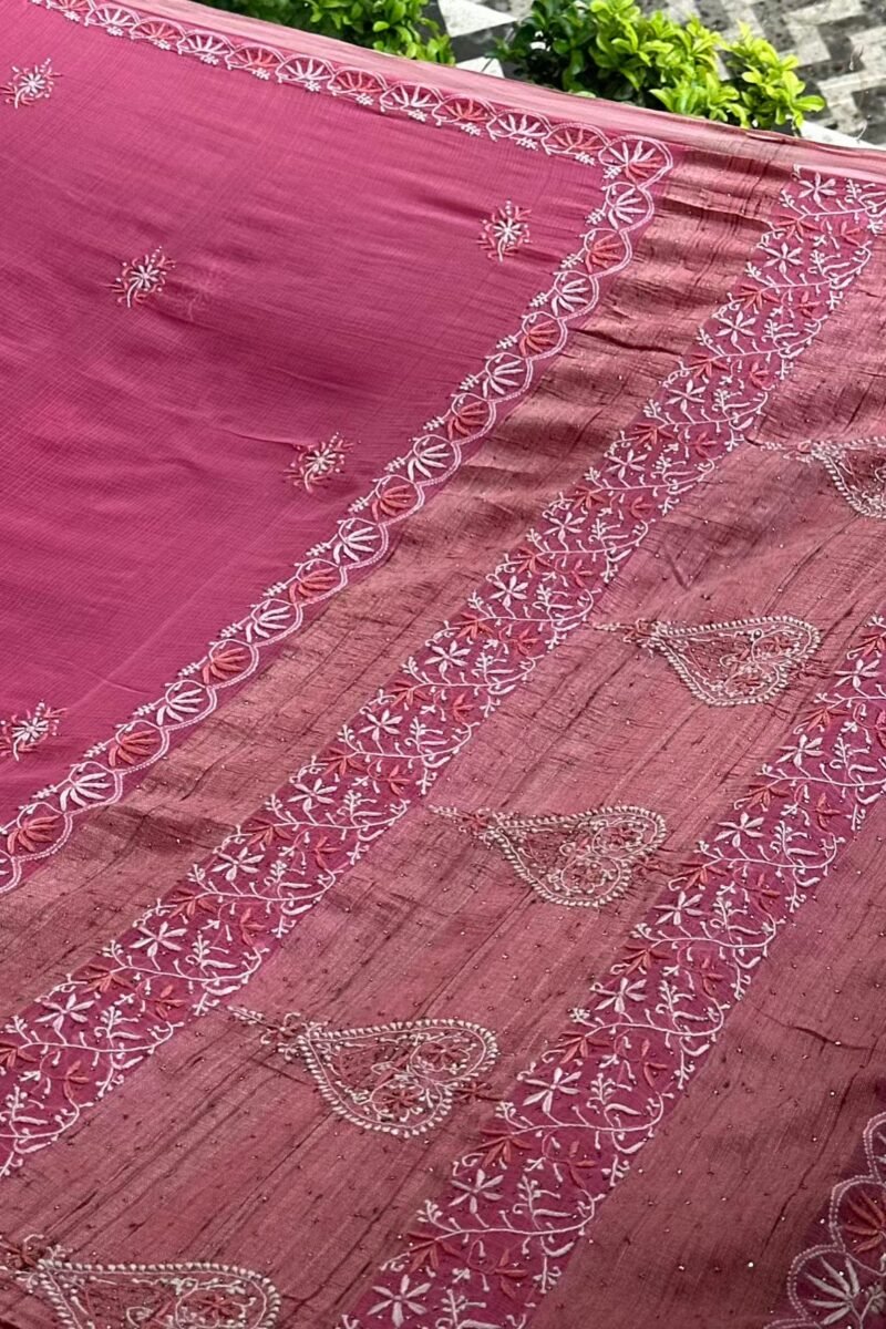 Pink Silk Gheecha Palla Kota Chikankari Saree With Mukaish Kamdani