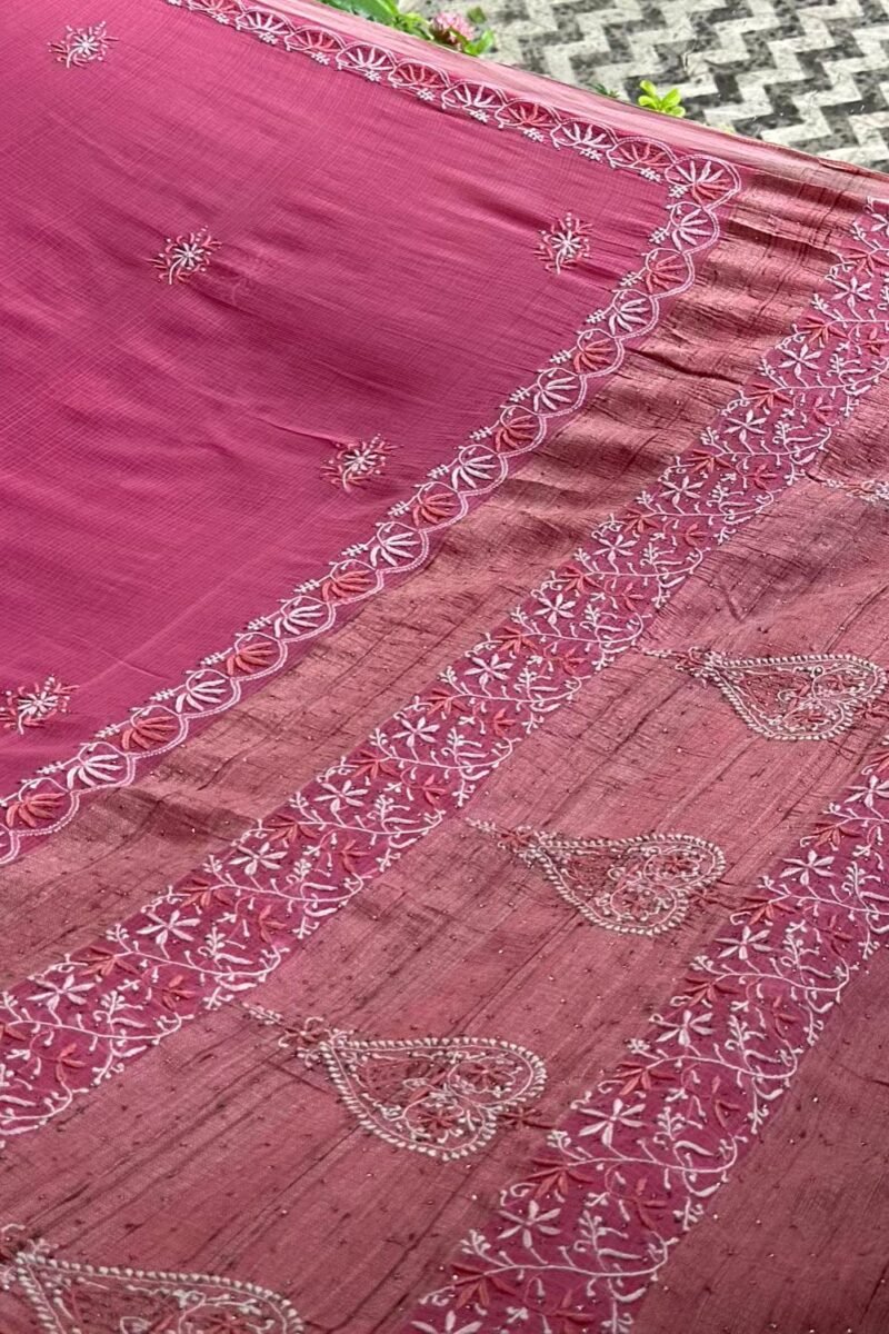 Pink Silk Gheecha Palla Kota Chikankari Saree With Mukaish Kamdani