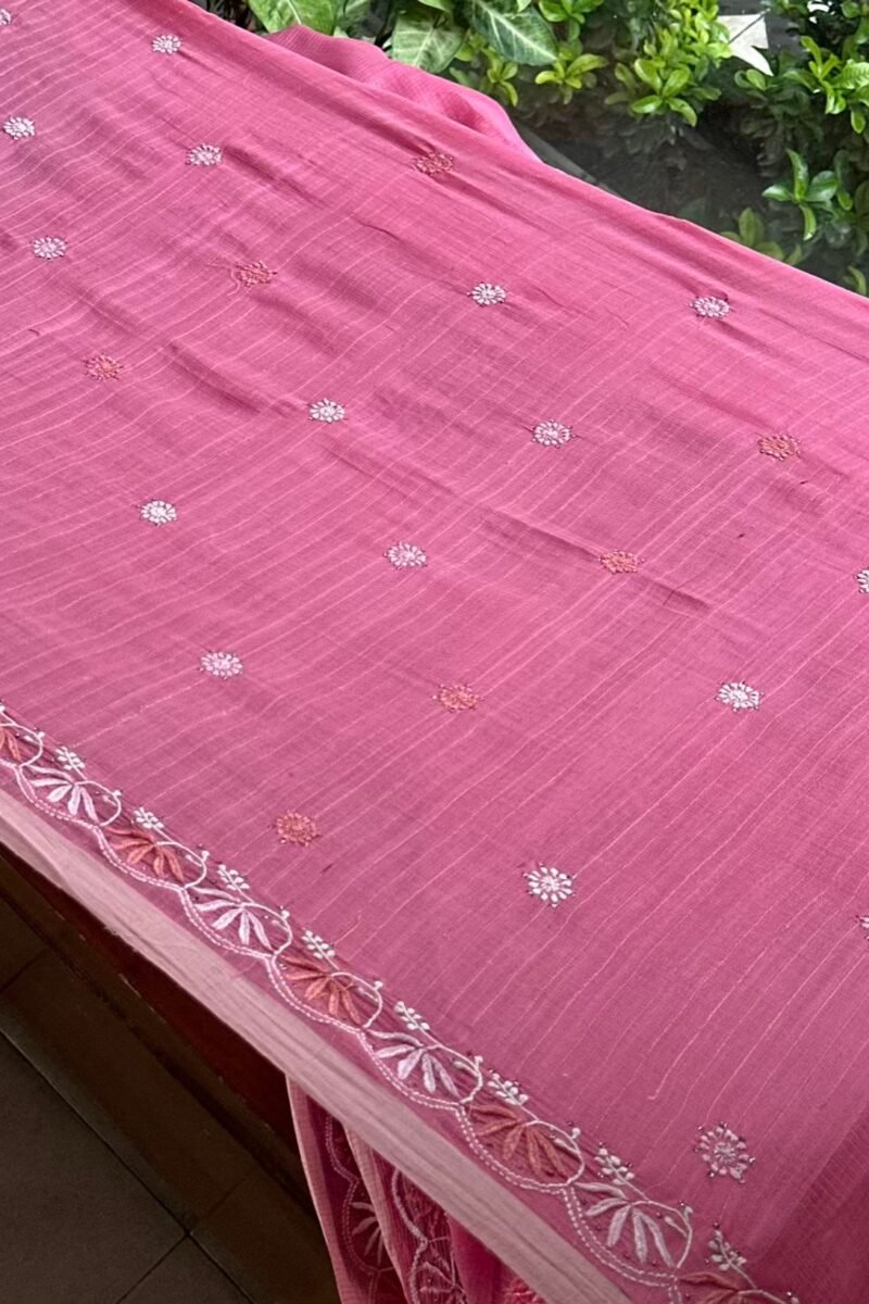 Pink Silk Gheecha Palla Kota Chikankari Saree With Mukaish Kamdani