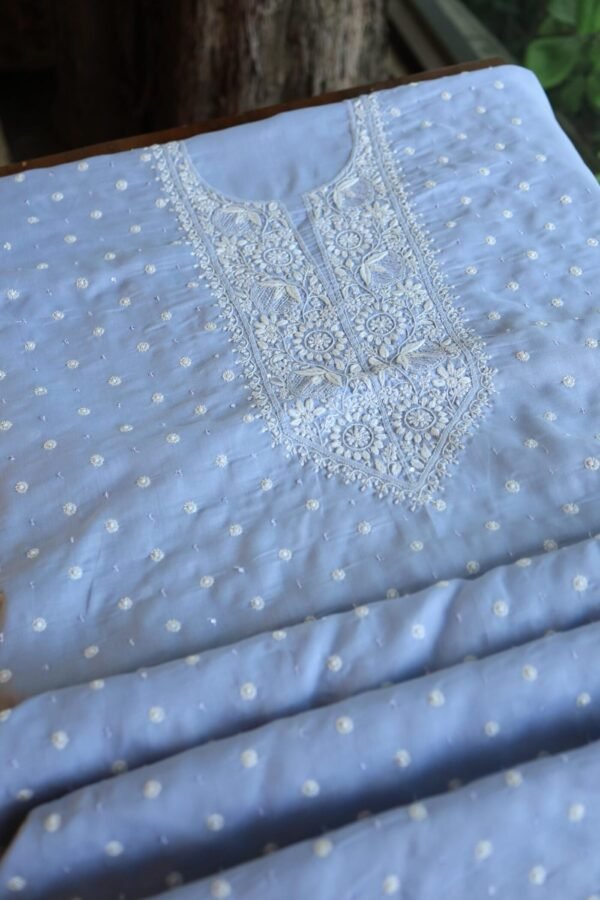 Powder Blue Cotton Chikankari Unstitched Kurta Fabrics