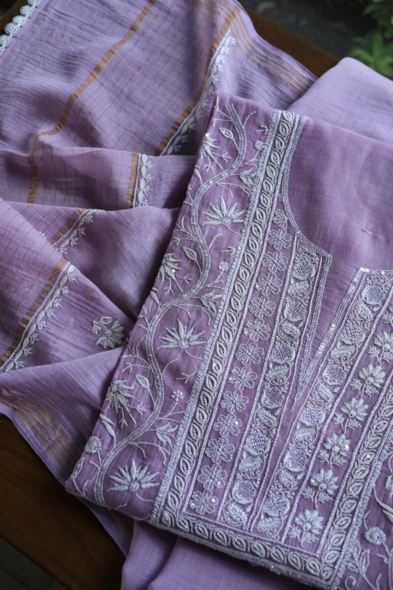 Purple Mal Chanderi Silk Chikankari With Sequins Unstitched Kurta Dupatta Set