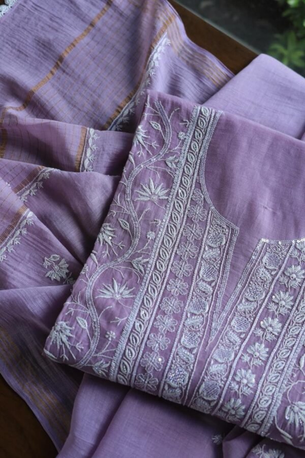 Purple Mal Chanderi Silk Chikankari With Sequins Unstitched Kurta Dupatta Set - Image 6