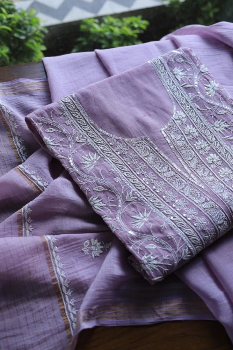 Purple Mal Chanderi Silk Chikankari With Sequins Unstitched Kurta Dupatta Set