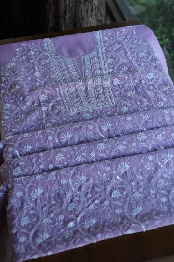 Purple Mal Chanderi Silk Chikankari With Sequins Unstitched Kurta Dupatta Set - Image 9