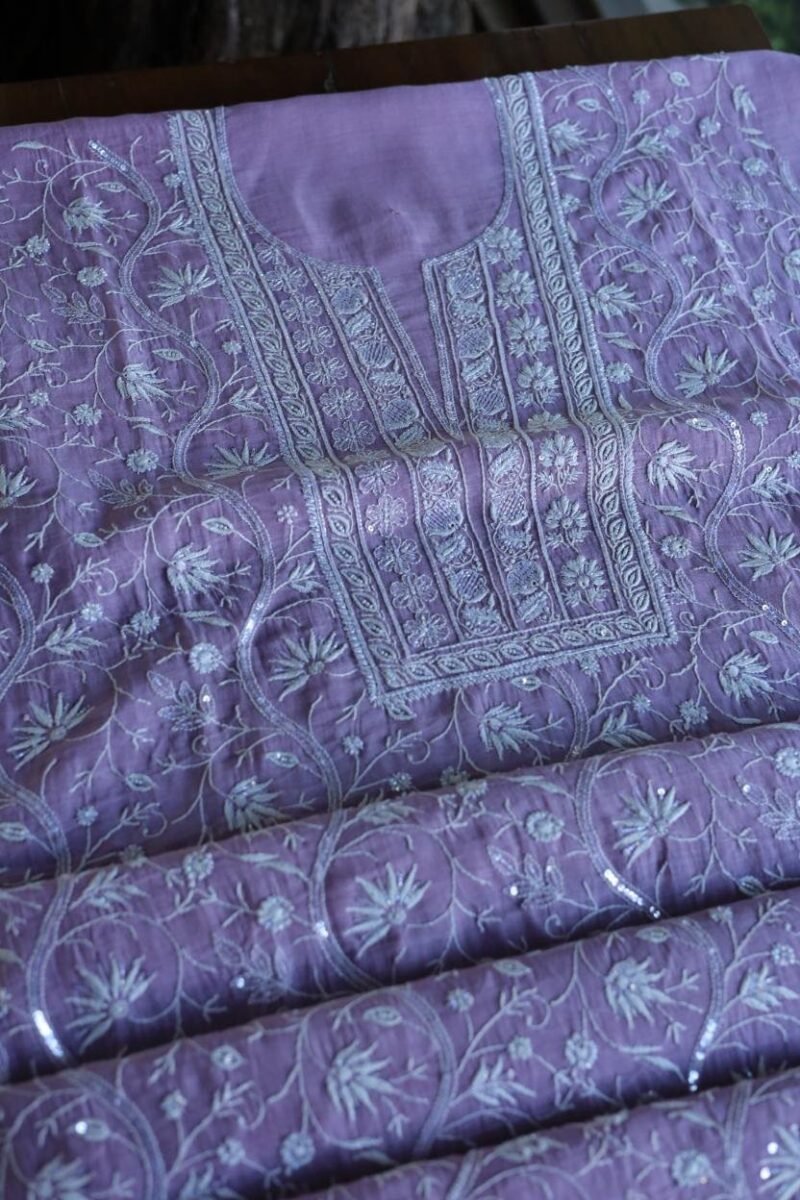 Purple Mal Chanderi Silk Chikankari With Sequins Unstitched Kurta Dupatta Set