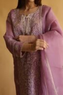 Purple Noor Organza Silk Chikankari Straight Cut Kurta Dupatta Set