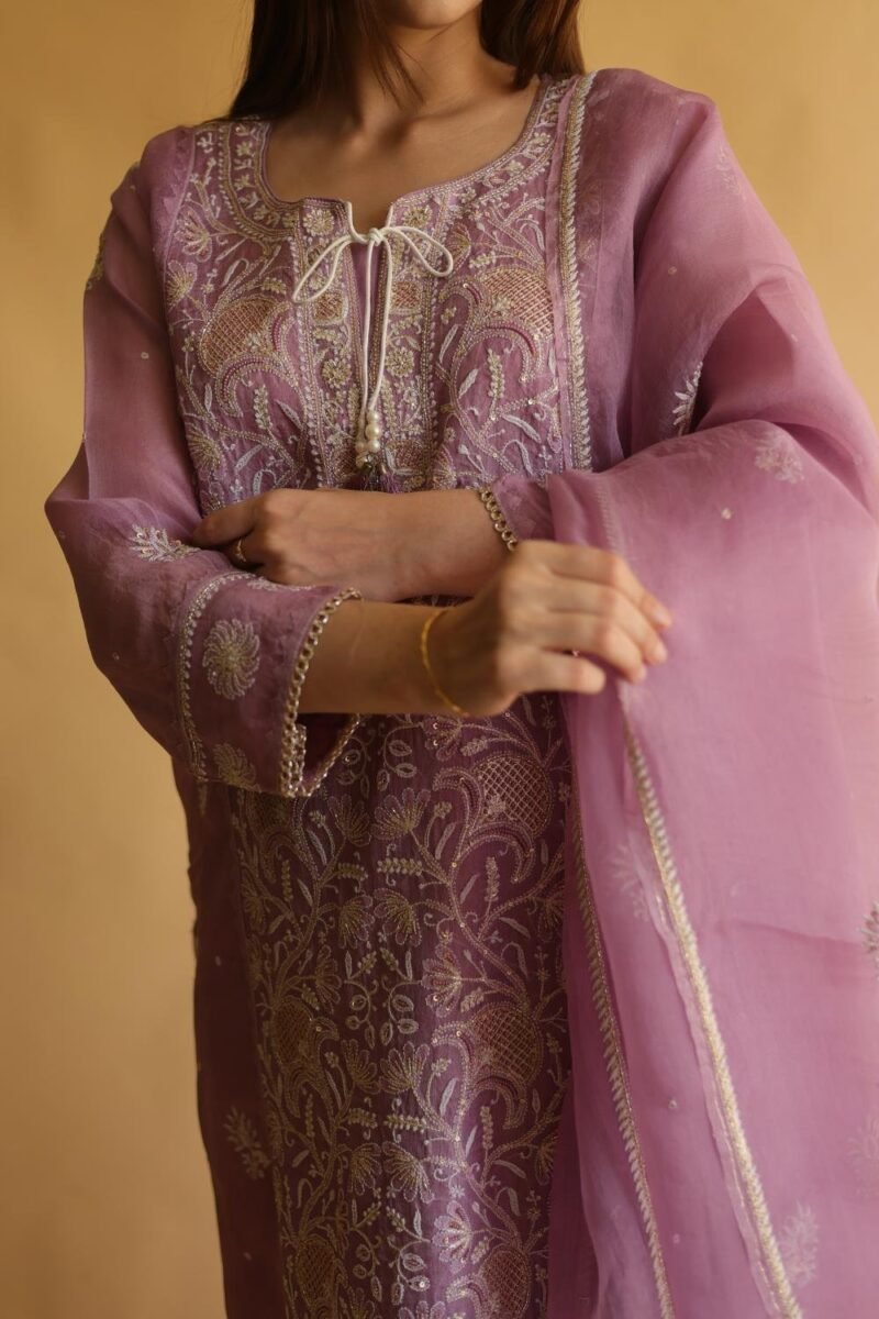Purple Noor Organza Silk Chikankari Straight Cut Kurta Dupatta Set