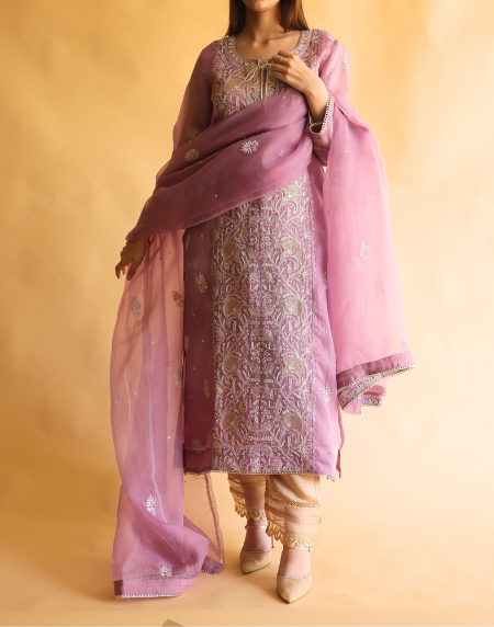 Purple Noor Organza Silk Chikankari Straight Cut Kurta Dupatta Set