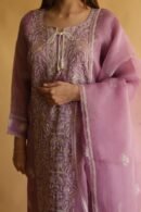 Purple Noor Organza Silk Chikankari Straight Cut Kurta Dupatta Set