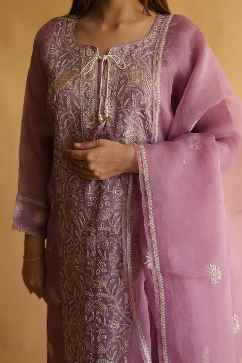 Purple Noor Organza Silk Chikankari Straight Cut Kurta Dupatta Set