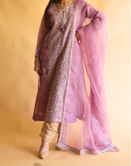Purple Noor Organza Silk Chikankari Straight Cut Kurta Dupatta Set