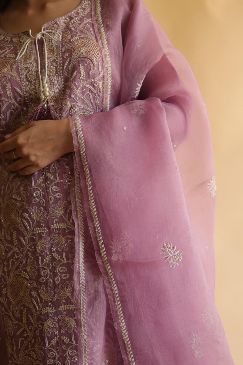 Purple Noor Organza Silk Chikankari Straight Cut Kurta Dupatta Set