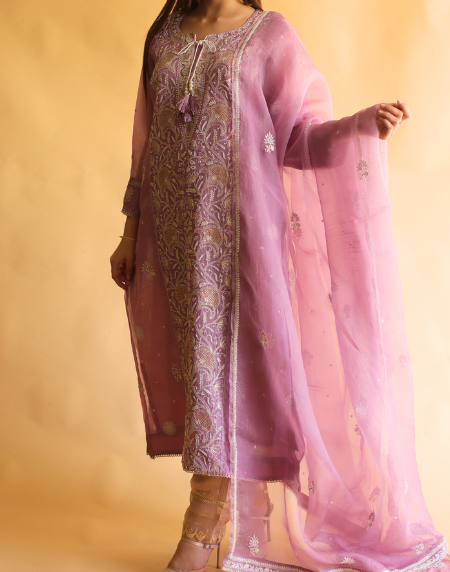 Purple Noor Organza Silk Chikankari Straight Cut Kurta Dupatta Set