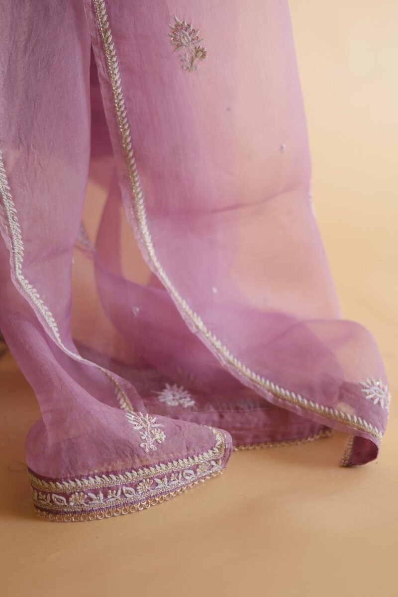 Purple Noor Organza Silk Chikankari Straight Cut Kurta Dupatta Set