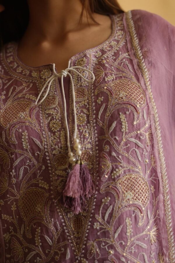 Purple Noor Organza Silk Chikankari Straight Cut Kurta Dupatta Set - Image 9