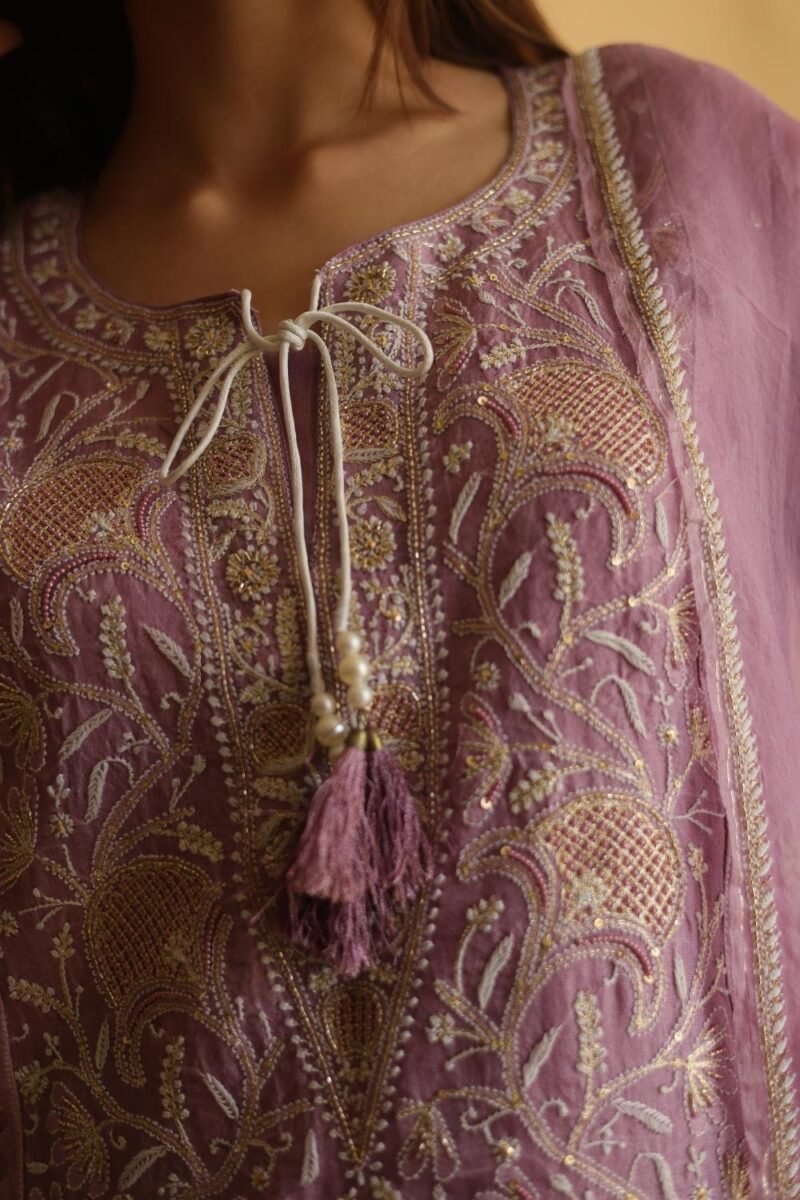 Purple Noor Organza Silk Chikankari Straight Cut Kurta Dupatta Set
