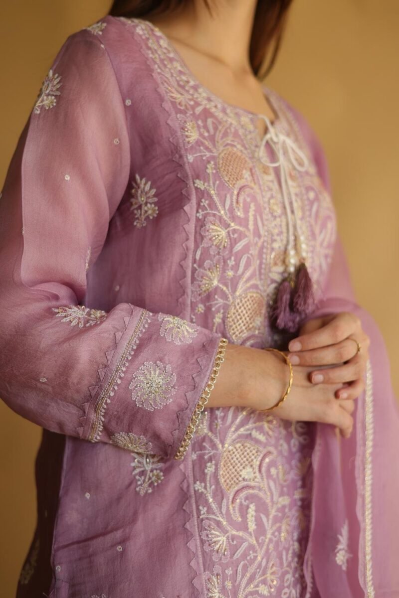 Purple Noor Organza Silk Chikankari Straight Cut Kurta Dupatta Set