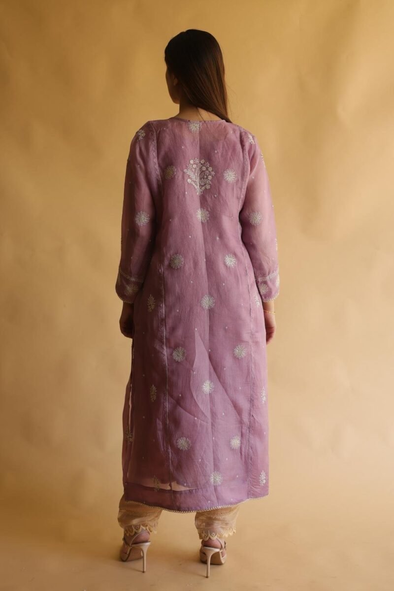 Purple Noor Organza Silk Chikankari Straight Cut Kurta Dupatta Set