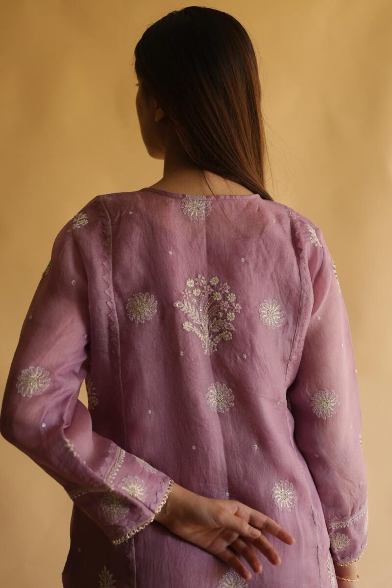 Purple Noor Organza Silk Chikankari Straight Cut Kurta Dupatta Set