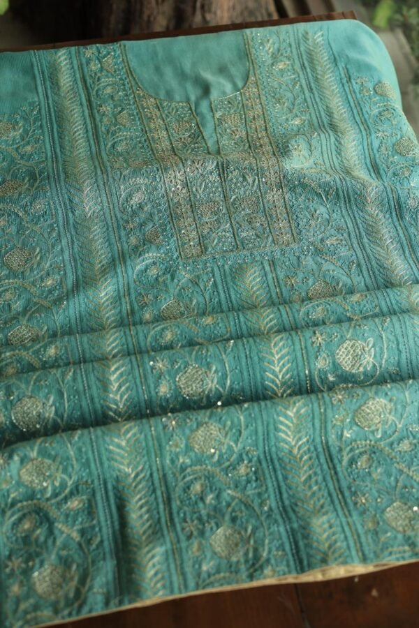 Green Maheshwari Chikankari With Ari Work Unstitched Kurta Dupatta Set - Image 6