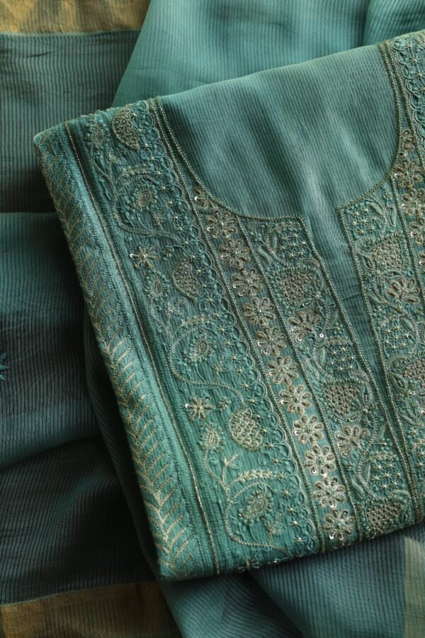 Green Maheshwari Chikankari With Ari Work Unstitched Kurta Dupatta Set - Image 5