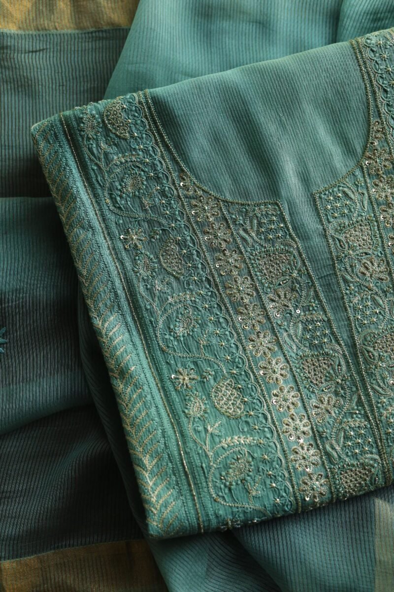 Green Maheshwari Chikankari With Ari Work Unstitched Kurta Dupatta Set