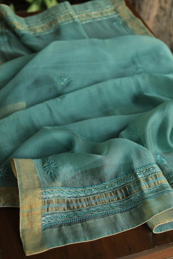 Green Maheshwari Chikankari With Ari Work Unstitched Kurta Dupatta Set - Image 13