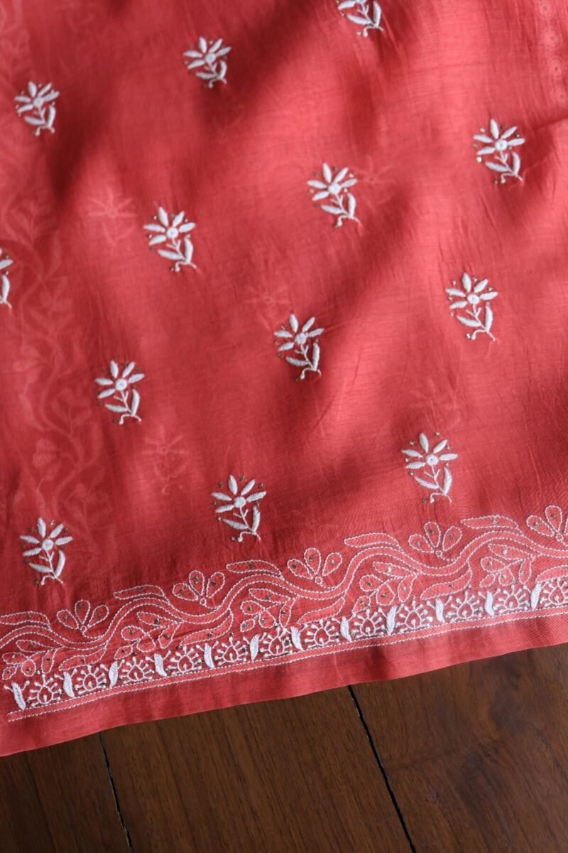 Red Daraz Chanderi Chikankari Kurta Fabrics
