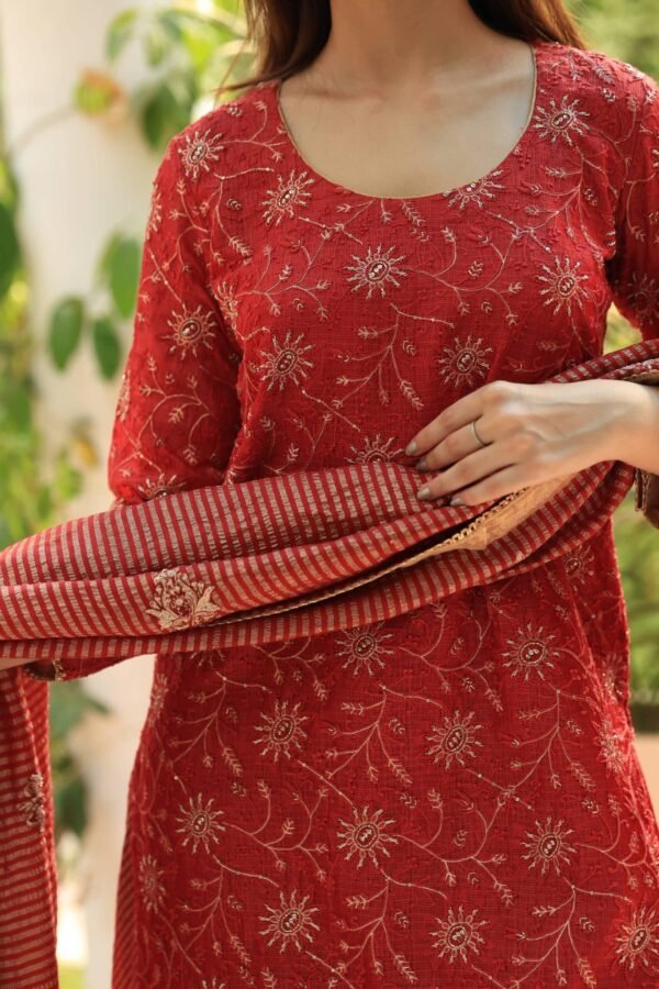 Red Silk Kota Chikankari Ari & Squins Work Sharara Set - Image 2