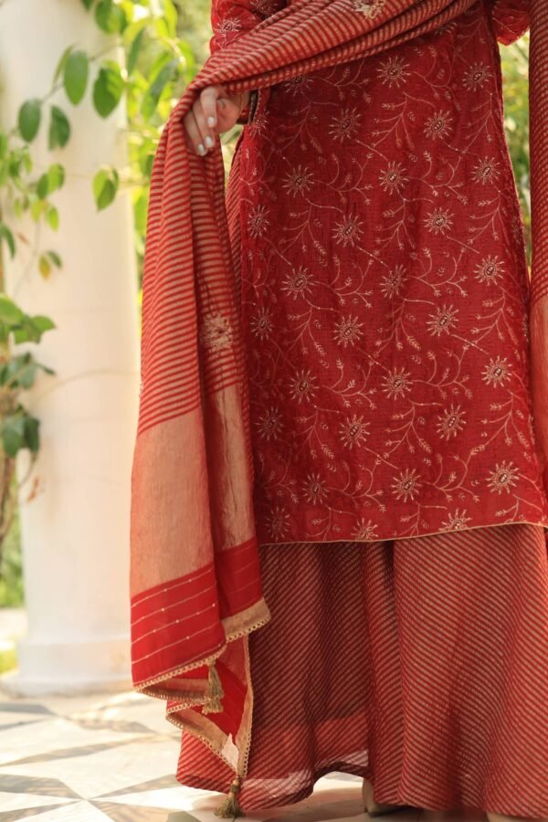 Red Silk Kota Chikankari Ari & Squins Work Sharara Set - Image 9