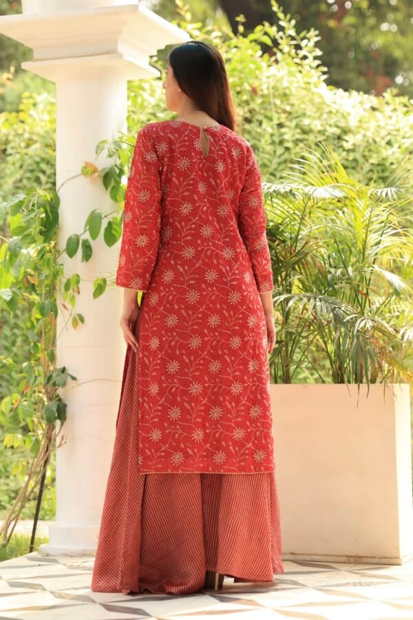 Red Silk Kota Chikankari Ari & Squins Work Sharara Set - Image 10