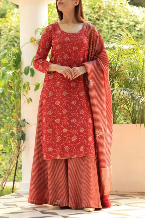 Red Silk Kota Chikankari Ari & Squins Work Sharara Set - Image 3