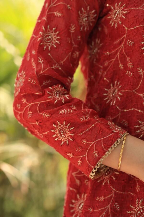 Red Silk Kota Chikankari Ari & Squins Work Sharara Set - Image 4