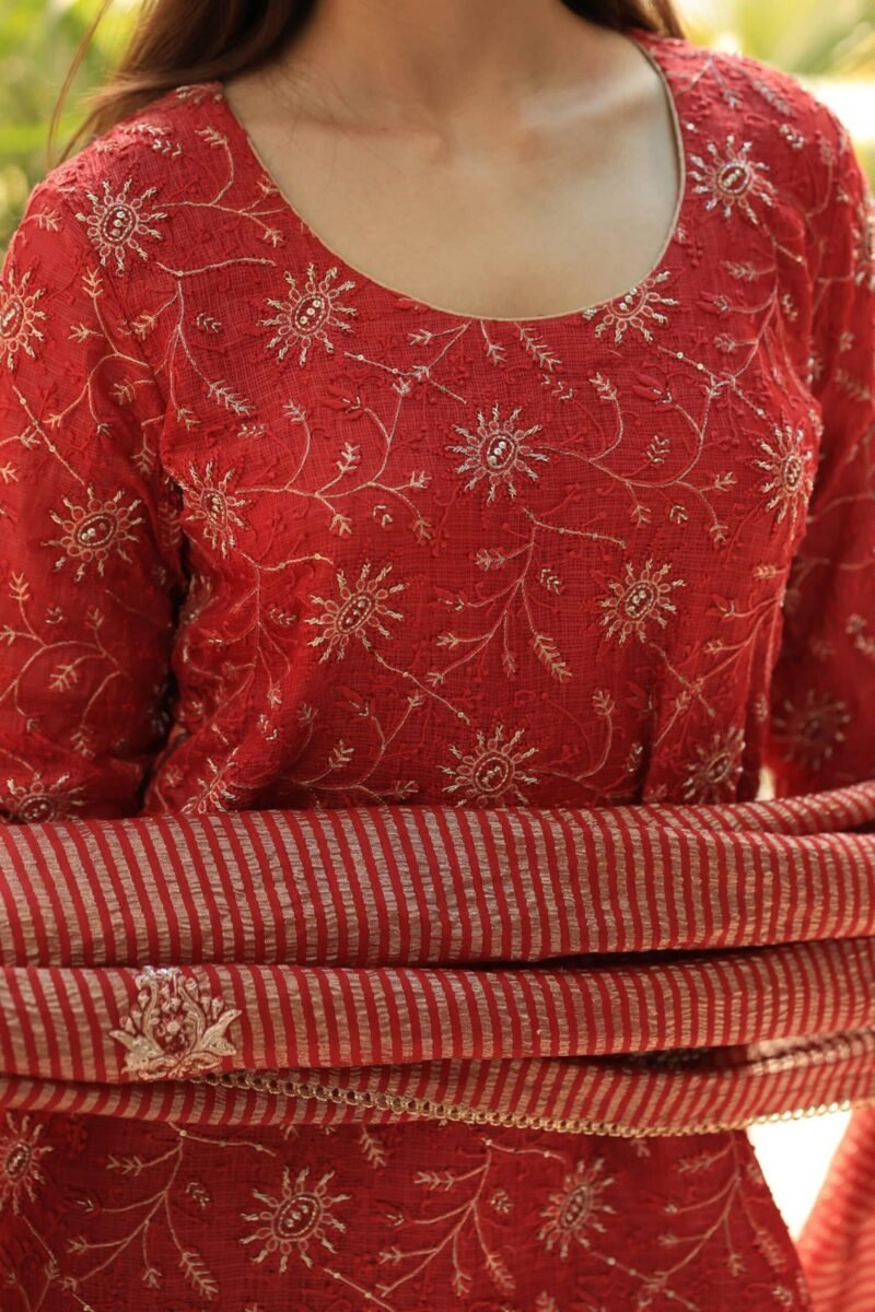 Red Silk Kota Chikankari Ari & Squins Work Sharara Set