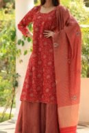 Red Silk Kota Chikankari Ari & Squins Work Sharara Set