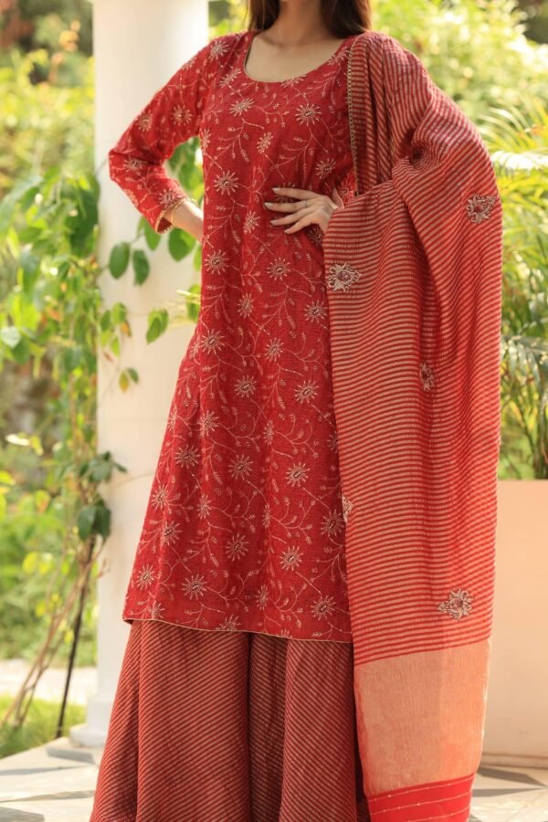 Red Silk Kota Chikankari Ari & Squins Work Sharara Set - Image 7