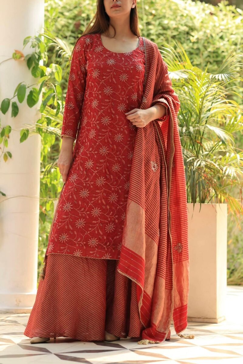 Red Silk Kota Chikankari Ari & Squins Work Sharara Set