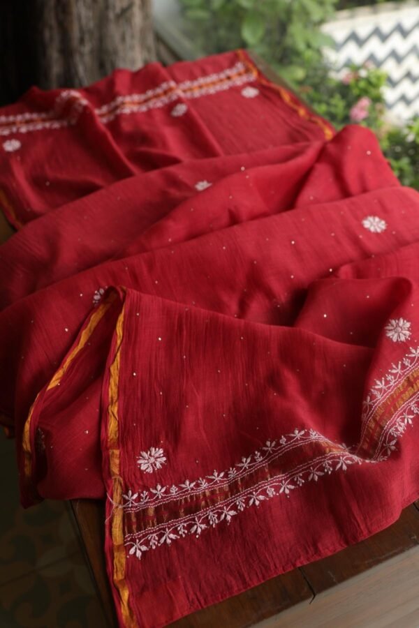 Red Mal Cotton Chikankari Unstitched Kurta Dupatta Fabrics With Kamdani - Image 11