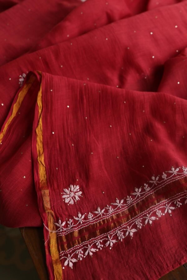 Red Mal Cotton Chikankari Unstitched Kurta Dupatta Fabrics With Kamdani - Image 12