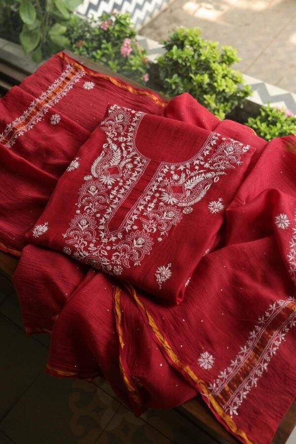 Red Mal Cotton Chikankari Unstitched Kurta Dupatta Fabrics With Kamdani - Image 13