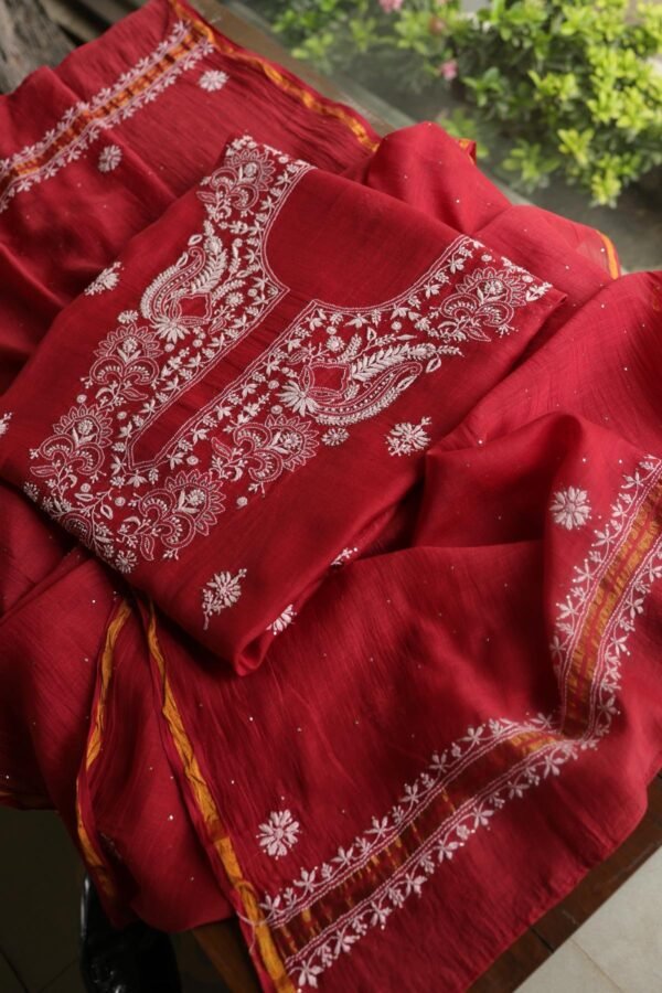 Red Mal Cotton Chikankari Unstitched Kurta Dupatta Fabrics With Kamdani - Image 3