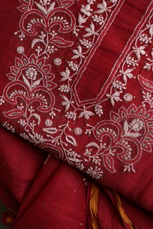 Red Mal Cotton Chikankari Unstitched Kurta Dupatta Fabrics With Kamdani - Image 4