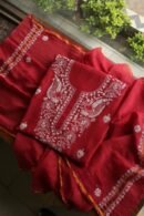 Red Mal Cotton Chikankari Unstitched Kurta Dupatta Fabrics With Kamdani
