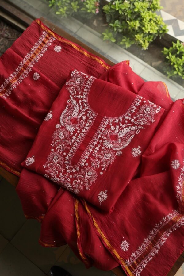 Red Mal Cotton Chikankari Unstitched Kurta Dupatta Fabrics With Kamdani - Image 5